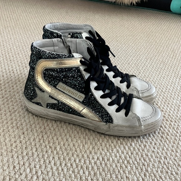 Golden Goose Black Glitter and Gold High-Top Sneakers - Picture 1 of 5